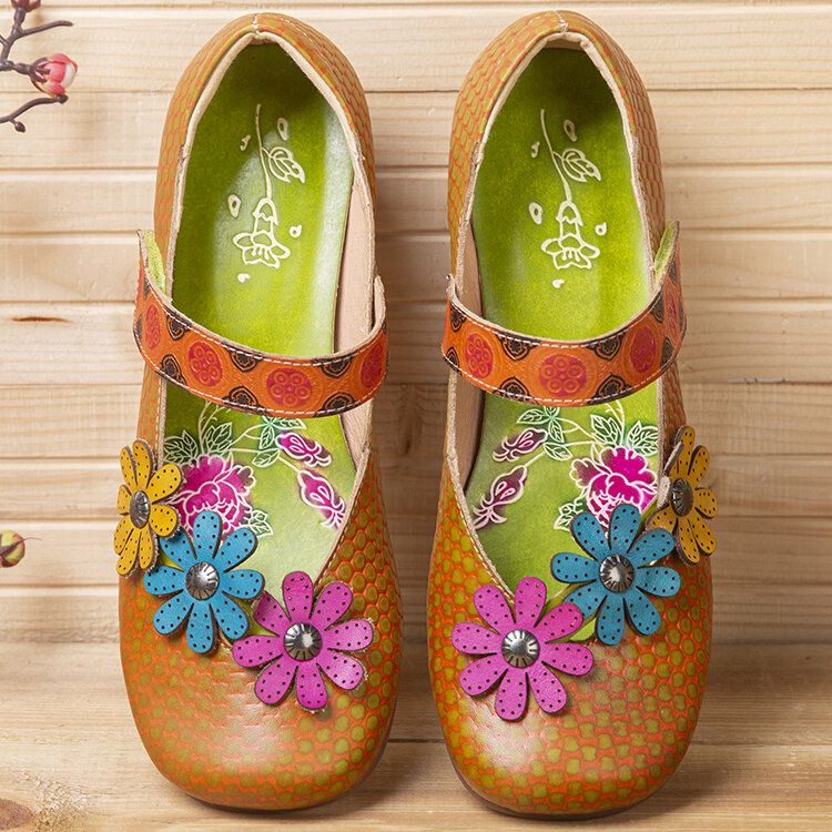 Flores Decoración Dot Impreso Piel De Vacuno Retro Tobillo Correa Gancho Loop Cómodos Zapatos Planos Casuales