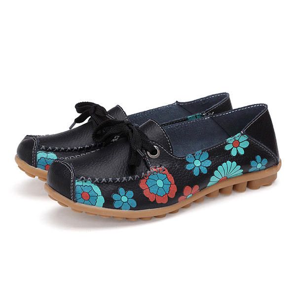 Flower Mujer Flat Casual Outdoor Soft Comfortable Leather Mocasines Con Cordones Zapatos