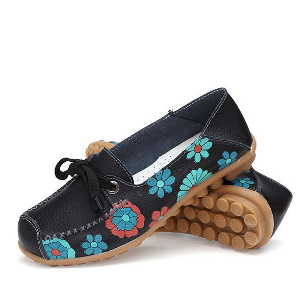 Flower Mujer Flat Casual Outdoor Soft Comfortable Leather Mocasines Con Cordones Zapatos