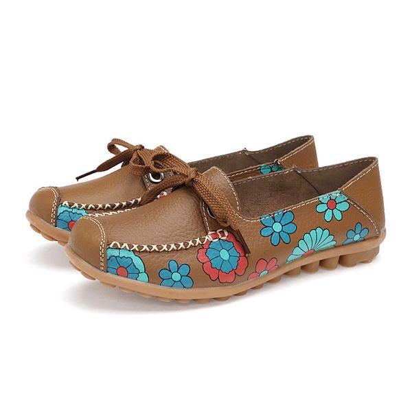 Flower Mujer Flat Casual Outdoor Soft Comfortable Leather Mocasines Con Cordones Zapatos