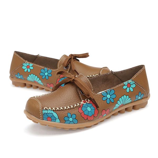 Flower Mujer Flat Casual Outdoor Soft Comfortable Leather Mocasines Con Cordones Zapatos