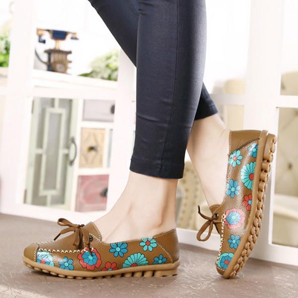 Flower Mujer Flat Casual Outdoor Soft Comfortable Leather Mocasines Con Cordones Zapatos