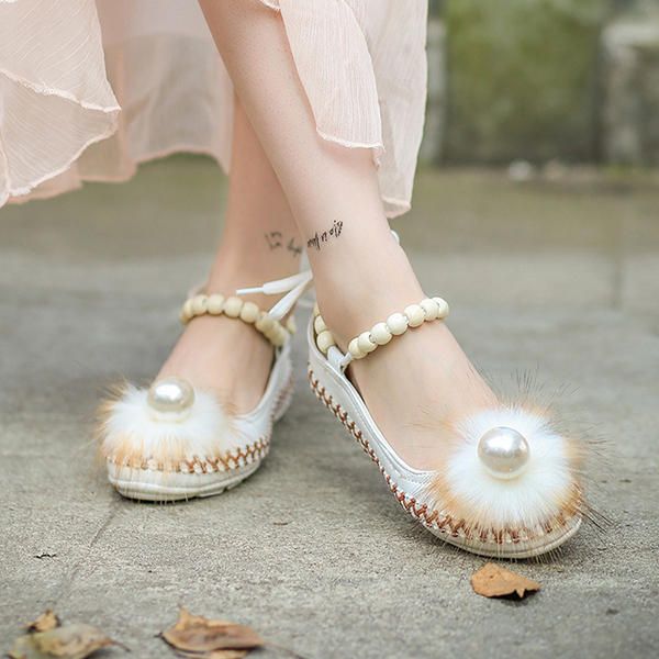 Folkways Style Pearl Decor Sandalias Planas Con Correa En El Tobillo Zapatos