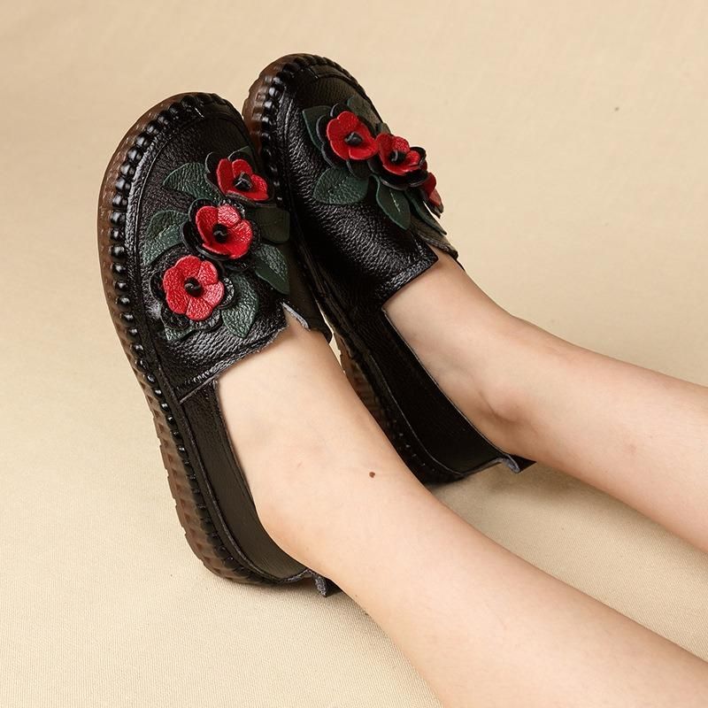 Mocasín De Cuero Genuino Con Suela Suave Y Cómodo Con Flores