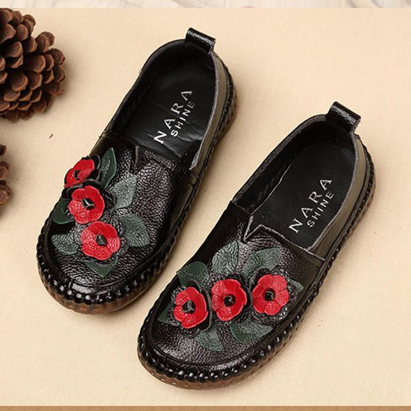 Mocasín De Cuero Genuino Con Suela Suave Y Cómodo Con Flores