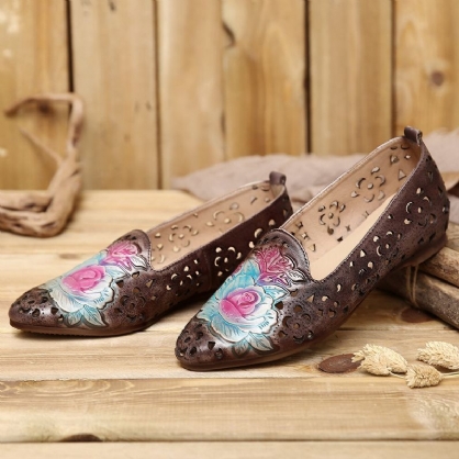 Mocasín Elegante Plano De Cuero Genuino Con Estampado De Flores Huecas De Peonía Delicada En Relieve Retro