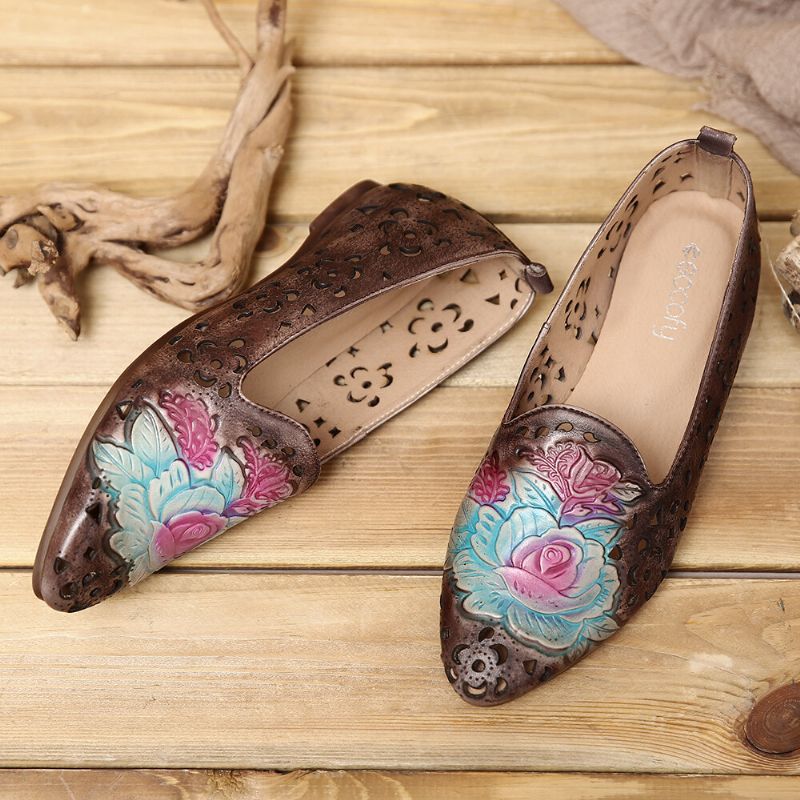 Mocasín Elegante Plano De Cuero Genuino Con Estampado De Flores Huecas De Peonía Delicada En Relieve Retro