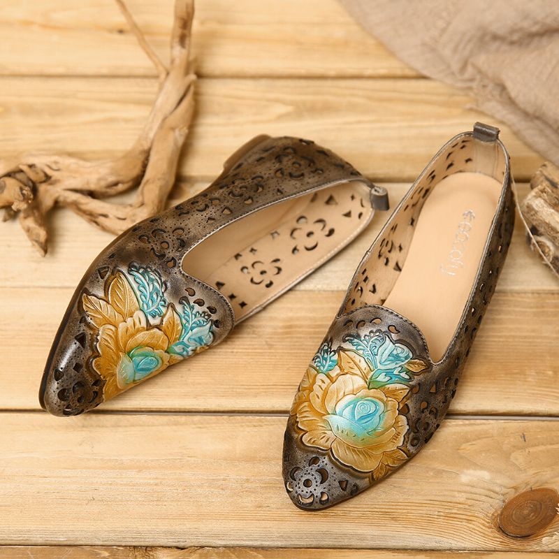 Mocasín Elegante Plano De Cuero Genuino Con Estampado De Flores Huecas De Peonía Delicada En Relieve Retro