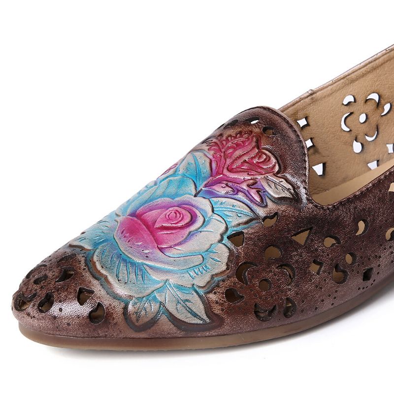 Mocasín Elegante Plano De Cuero Genuino Con Estampado De Flores Huecas De Peonía Delicada En Relieve Retro