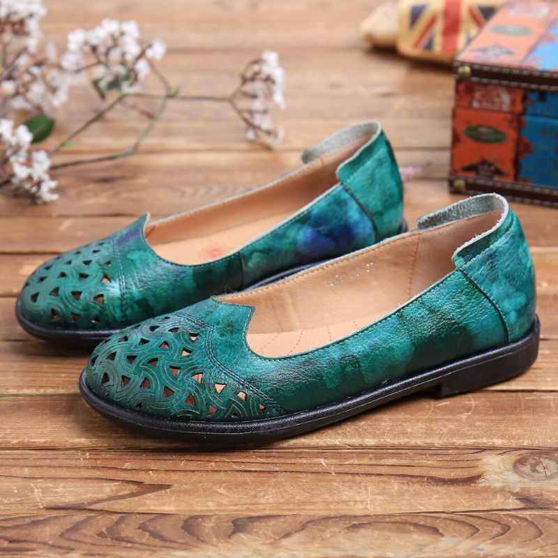 Mocasines Casuales Suaves Teñidos Con Huecos De Cuero Bohemio Zapatos Planos