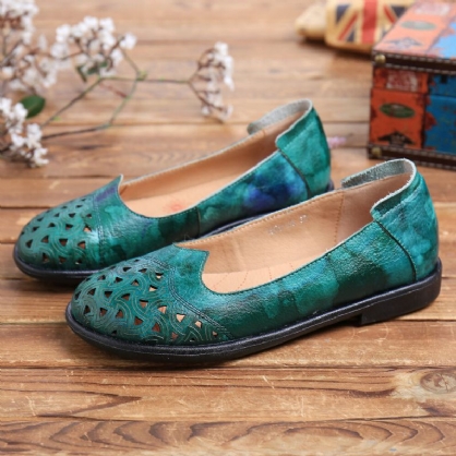 Mocasines Casuales Suaves Teñidos Con Huecos De Cuero Bohemio Zapatos Planos