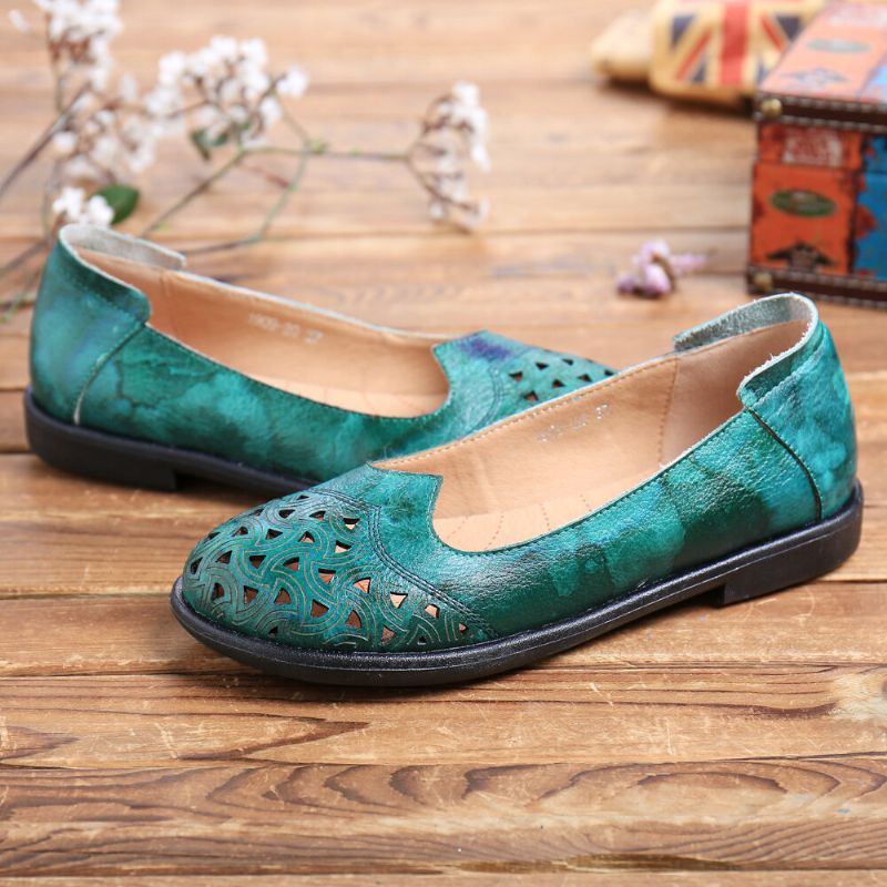 Mocasines Casuales Suaves Teñidos Con Huecos De Cuero Bohemio Zapatos Planos