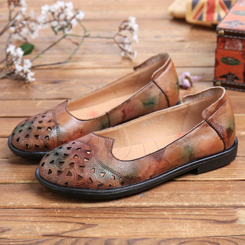 Mocasines Casuales Suaves Teñidos Con Huecos De Cuero Bohemio Zapatos Planos