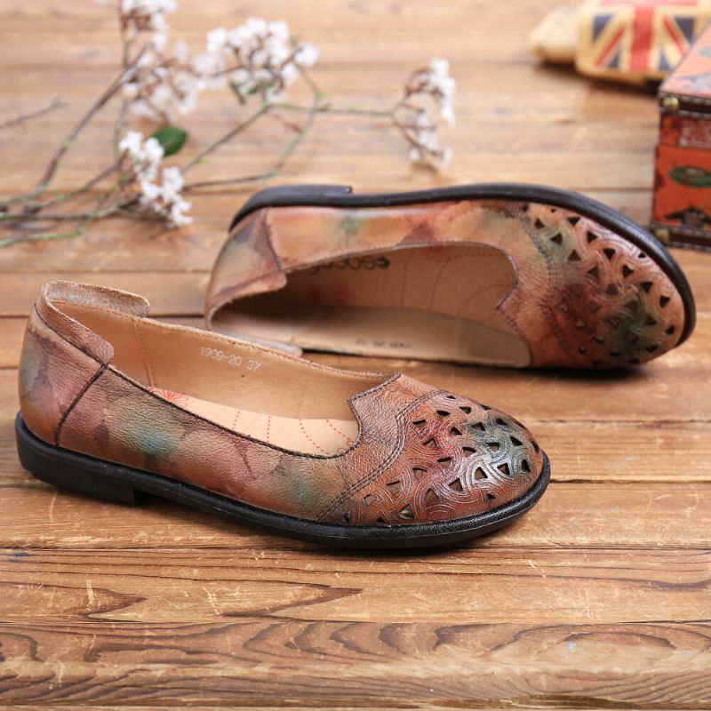 Mocasines Casuales Suaves Teñidos Con Huecos De Cuero Bohemio Zapatos Planos