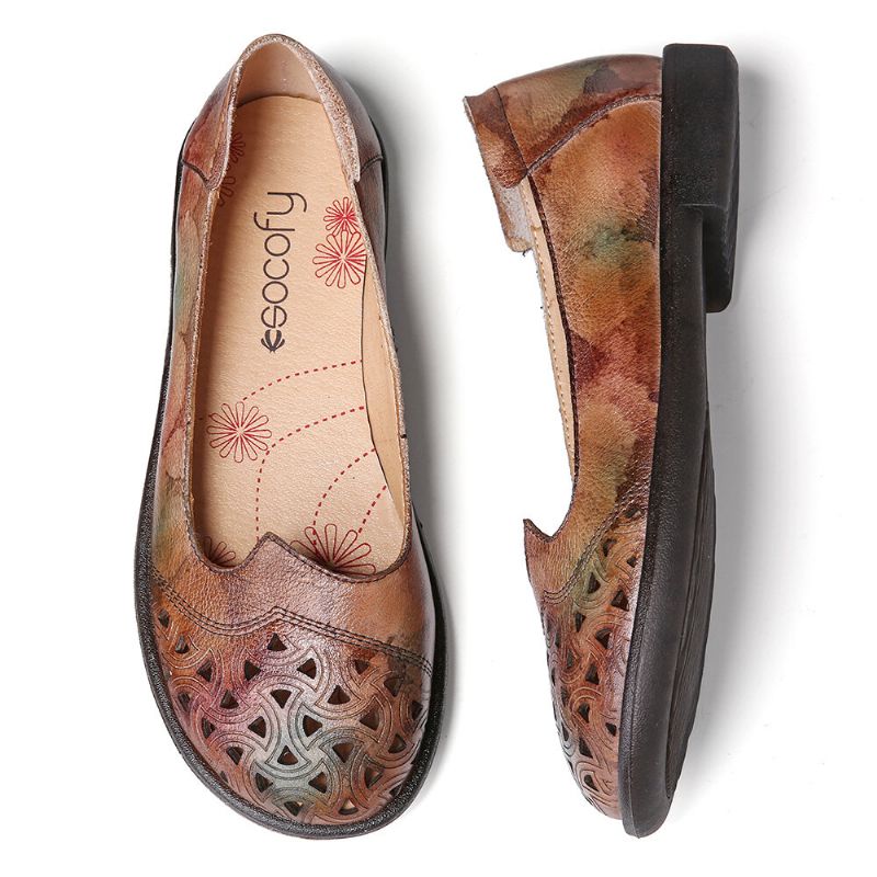 Mocasines Casuales Suaves Teñidos Con Huecos De Cuero Bohemio Zapatos Planos