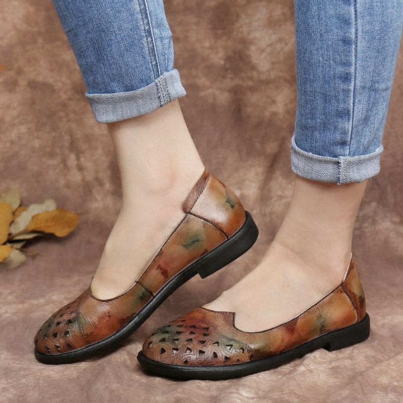 Mocasines Casuales Suaves Teñidos Con Huecos De Cuero Bohemio Zapatos Planos