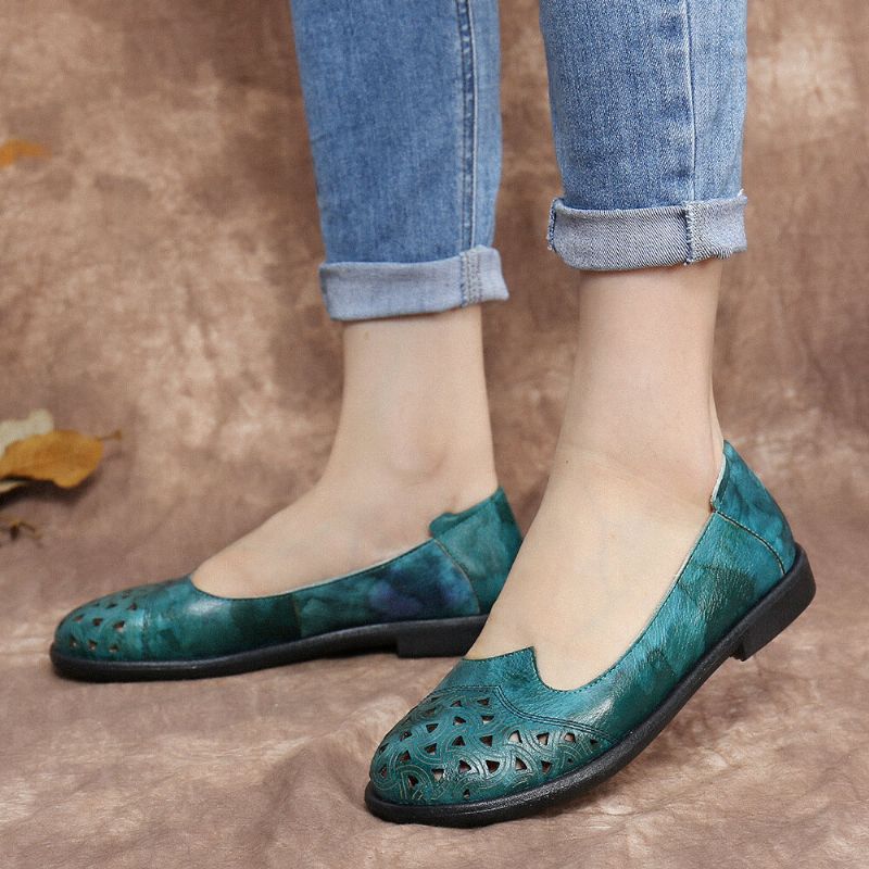 Mocasines Casuales Suaves Teñidos Con Huecos De Cuero Bohemio Zapatos Planos