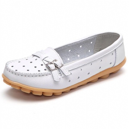 Mocasines Con Punta Redonda De Cuero Suave Informal Ahuecado Plano Para Mujer