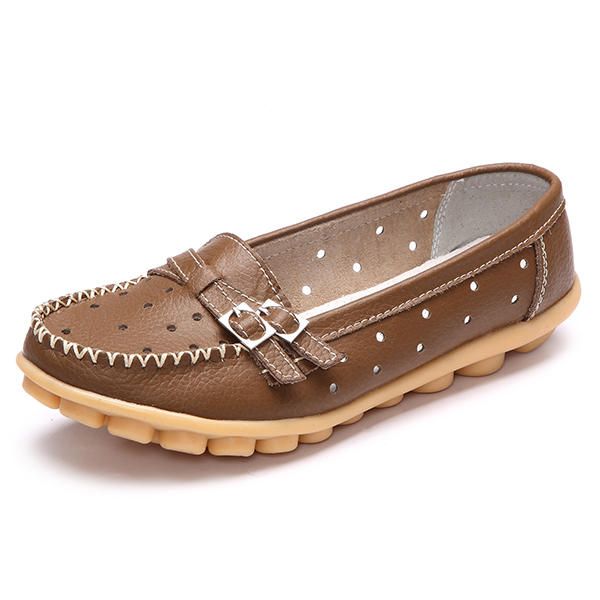 Mocasines Con Punta Redonda De Cuero Suave Informal Ahuecado Plano Para Mujer