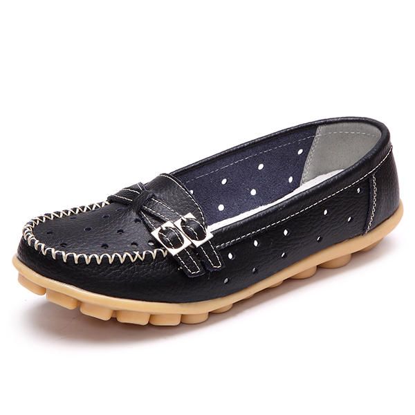 Mocasines Con Punta Redonda De Cuero Suave Informal Ahuecado Plano Para Mujer