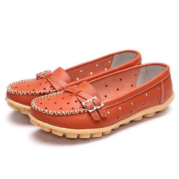 Mocasines Con Punta Redonda De Cuero Suave Informal Ahuecado Plano Para Mujer