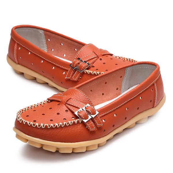 Mocasines Con Punta Redonda De Cuero Suave Informal Ahuecado Plano Para Mujer