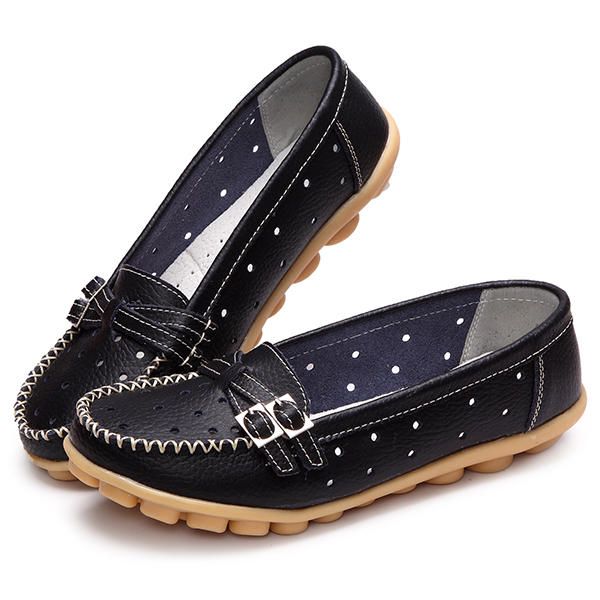 Mocasines Con Punta Redonda De Cuero Suave Informal Ahuecado Plano Para Mujer