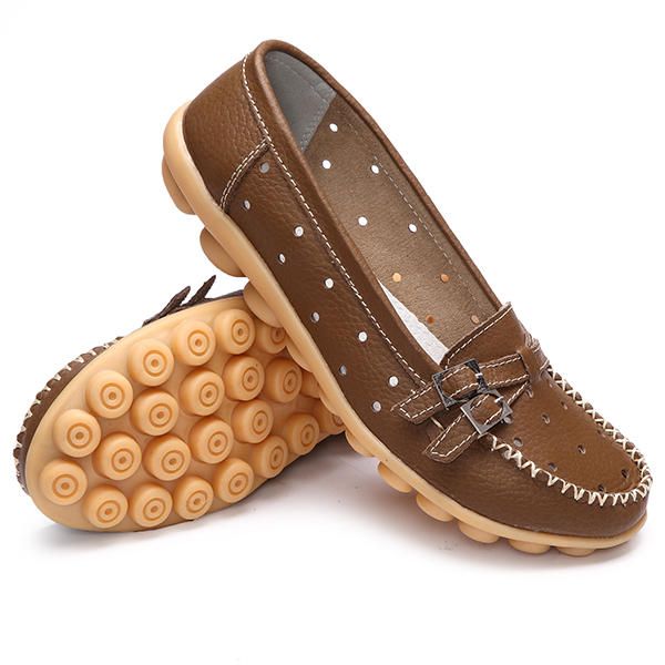 Mocasines Con Punta Redonda De Cuero Suave Informal Ahuecado Plano Para Mujer