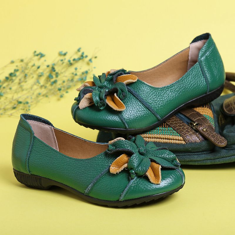 Mocasines De Cuero Casuales Planos Suaves Con Decoración De Flores Hecha A Mano Retro