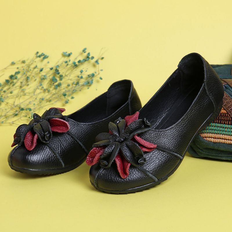 Mocasines De Cuero Casuales Planos Suaves Con Decoración De Flores Hecha A Mano Retro