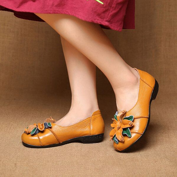 Mocasines De Cuero Casuales Planos Suaves Con Decoración De Flores Hecha A Mano Retro