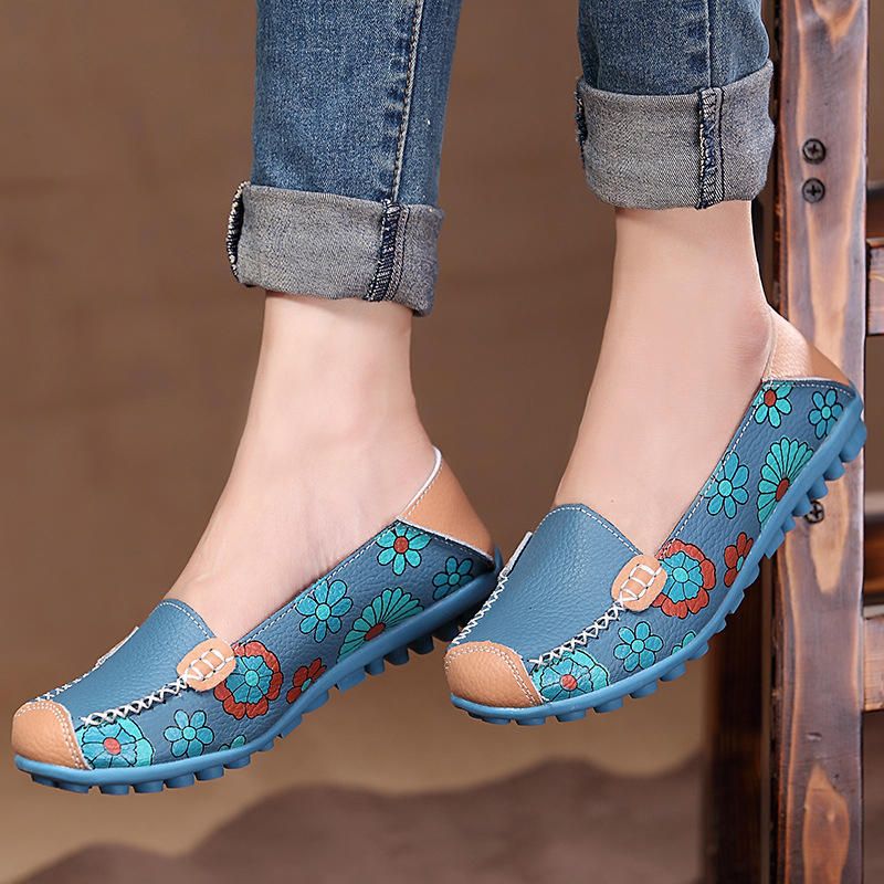 Mocasines De Cuero Con Flores Florales De Gran Tamaño Para Mujer Mocasines Planos Zapatos De Ballet Suaves Planos Con Punta Redonda