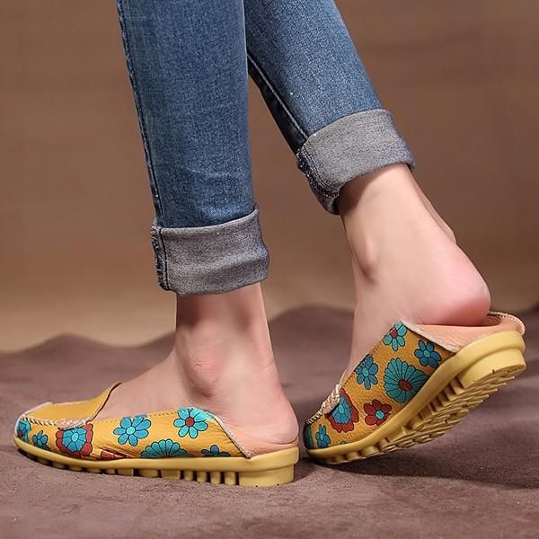 Mocasines De Cuero Con Flores Florales De Gran Tamaño Para Mujer Mocasines Planos Zapatos De Ballet Suaves Planos Con Punta Redonda