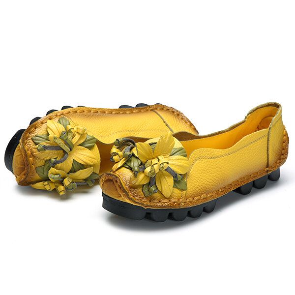 Mocasines De Flores Hechos A Mano De Cuero Genuino Zapatos Casuales Planos Suaves Para Mujeres