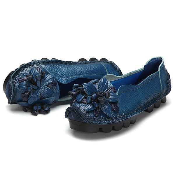 Mocasines De Flores Hechos A Mano De Cuero Genuino Zapatos Casuales Planos Suaves Para Mujeres