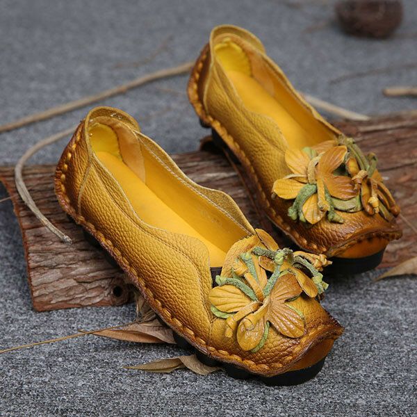 Mocasines De Flores Hechos A Mano De Cuero Genuino Zapatos Casuales Planos Suaves Para Mujeres