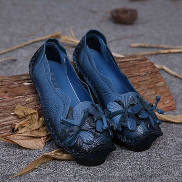 Mocasines De Flores Hechos A Mano De Cuero Genuino Zapatos Casuales Planos Suaves Para Mujeres