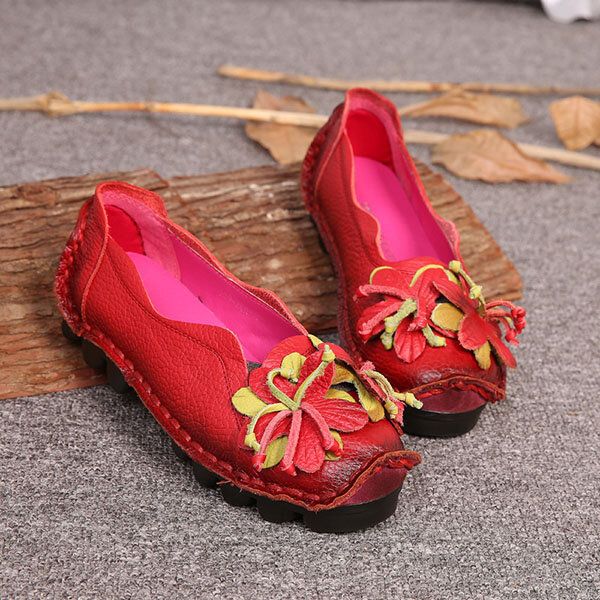 Mocasines De Flores Hechos A Mano De Cuero Genuino Zapatos Casuales Planos Suaves Para Mujeres