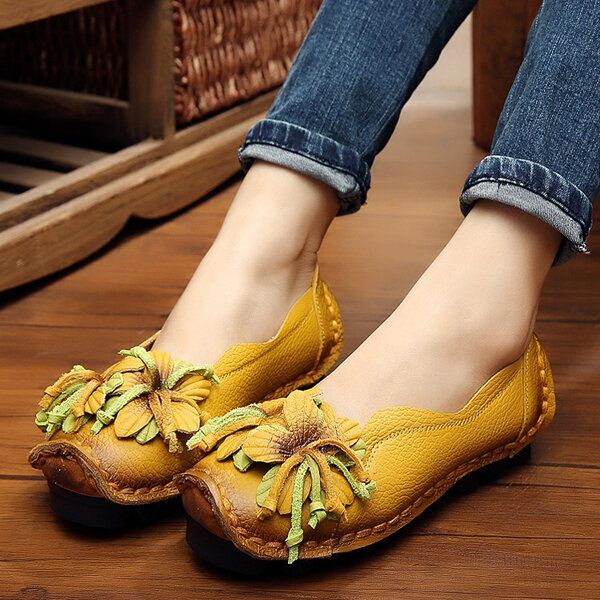 Mocasines De Flores Hechos A Mano De Cuero Genuino Zapatos Casuales Planos Suaves Para Mujeres