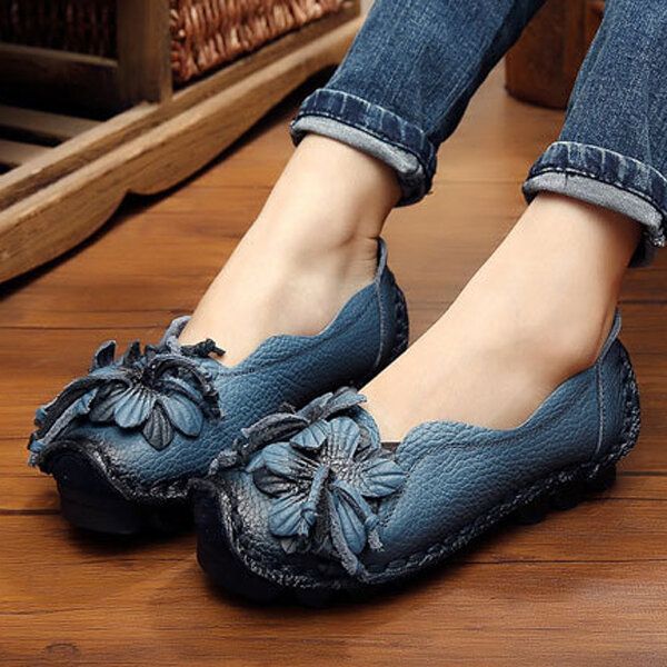 Mocasines De Flores Hechos A Mano De Cuero Genuino Zapatos Casuales Planos Suaves Para Mujeres