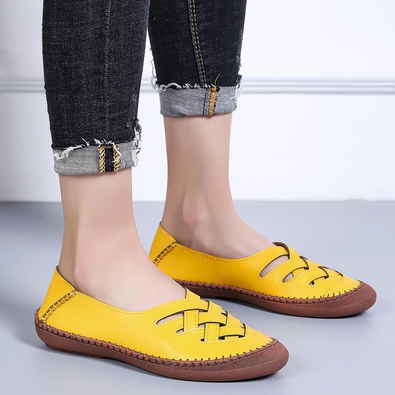 Mocasines Planos Casuales De Primavera Huecos De Talla Grande Transpirables De Cuero Genuino Para Mujer