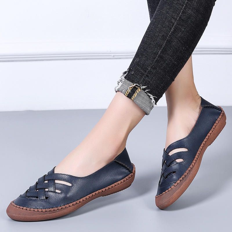 Mocasines Planos Casuales De Primavera Huecos De Talla Grande Transpirables De Cuero Genuino Para Mujer