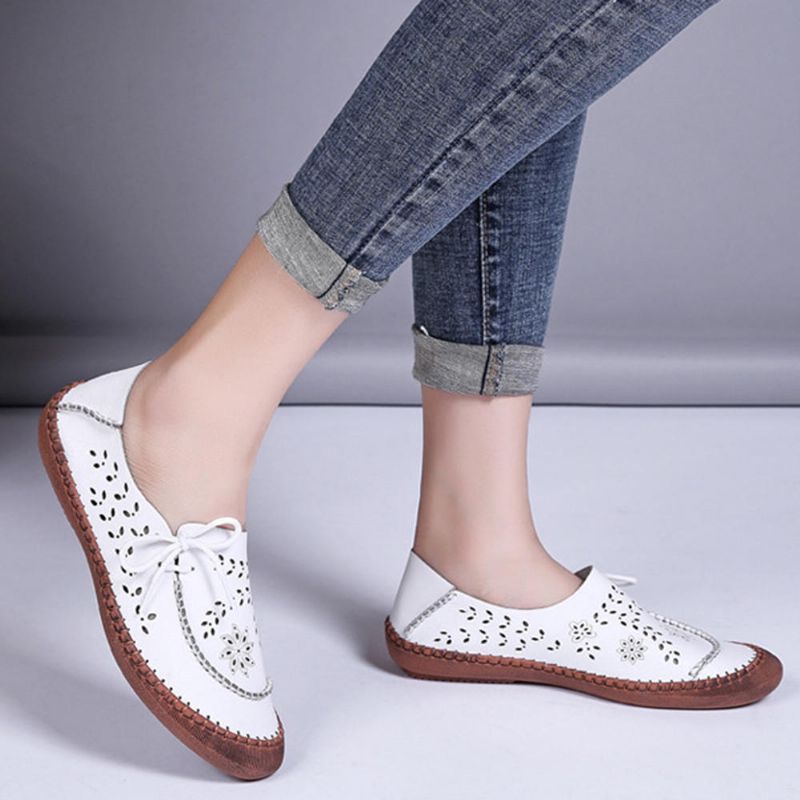 Mocasines Planos Casuales De Suela Suave Transpirable De Talla Grande De Cuero Genuino Para Mujer