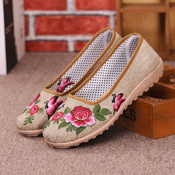 Mocasines Planos Con Bordado De Flores De Estilo Chino Zapatos Sin Cordones De Lino Con Suela Blanda