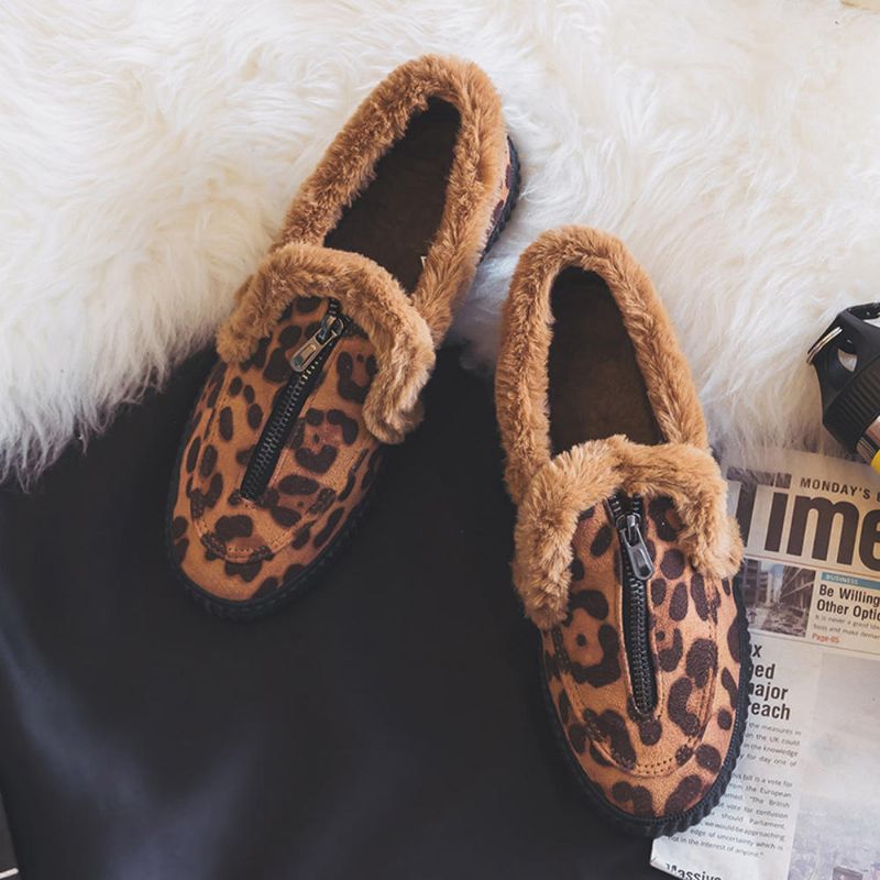 Mocasines Planos Con Forro De Leopardo Con Forro Cálido De Invierno