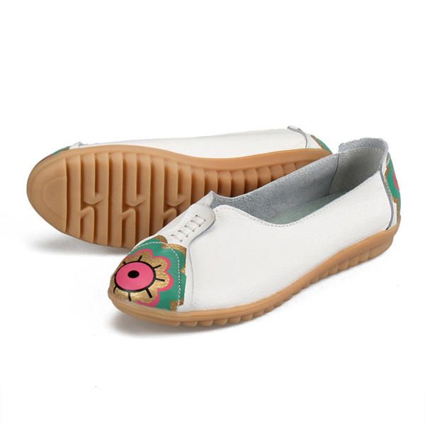 Mocasines Planos De Cuero Suave Con Diseño De Flor De Ojo De Sol