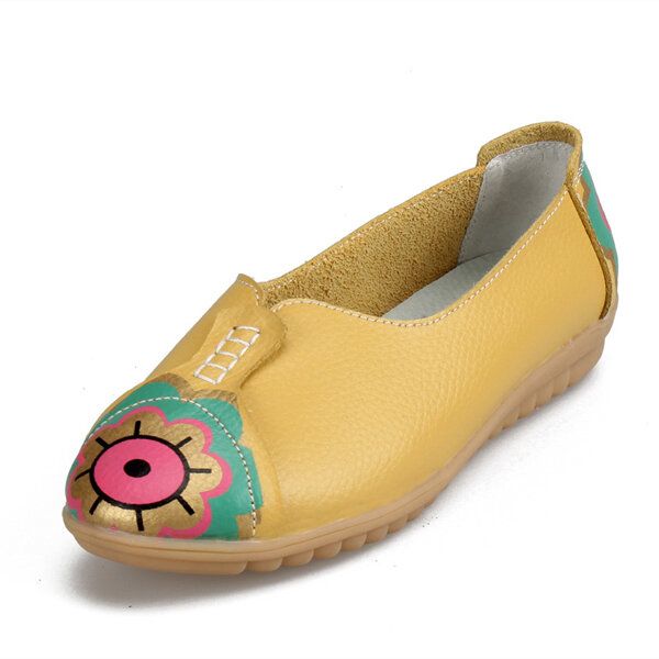 Mocasines Planos De Cuero Suave Con Diseño De Flor De Ojo De Sol