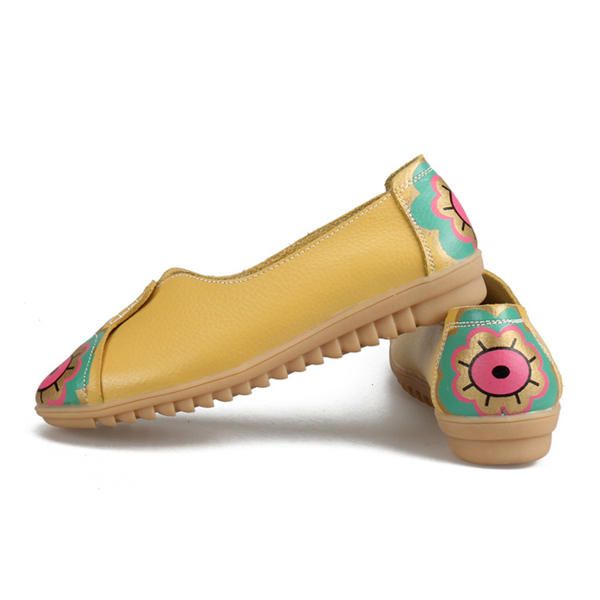 Mocasines Planos De Cuero Suave Con Diseño De Flor De Ojo De Sol