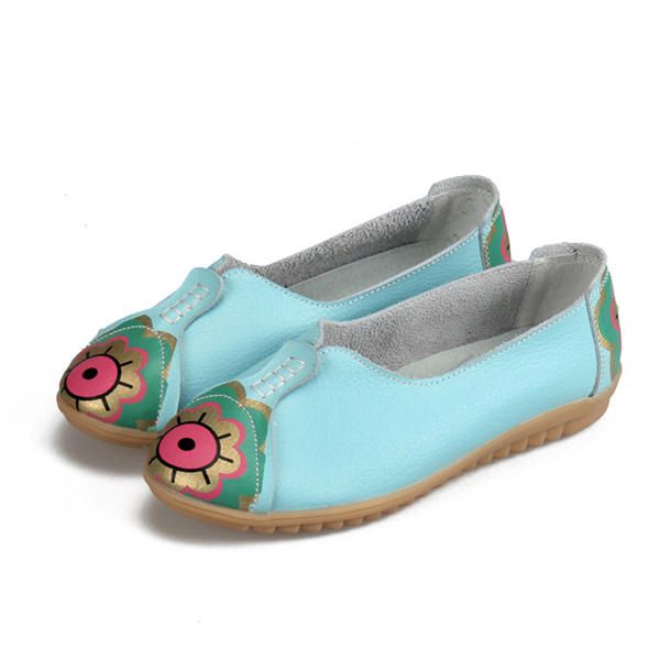 Mocasines Planos De Cuero Suave Con Diseño De Flor De Ojo De Sol