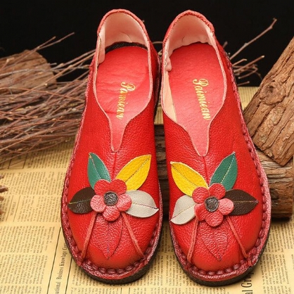 Mocasines Planos De Flores Informales De Suela Suave De Cuero Genuino Retro